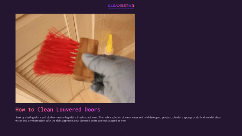 1 How To Clean Louvered Doors Close-Up Of A Gloved Hand Using A Red Bristled Brush Attachment To Dust A White Louvered Door. A Spray Bottle Is Visible In The Background.