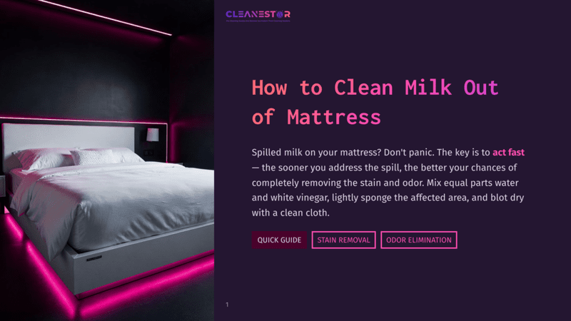 1 How To Clean Milk Out Of Mattress A Modern Bedroom With A Large White Bed, Illuminated By Vibrant Pink Neon Lights. The Text &Quot;Cleanestor&Quot; And &Quot;How To Clean Milk Out Of Mattress&Quot; Is Prominently Displayed.