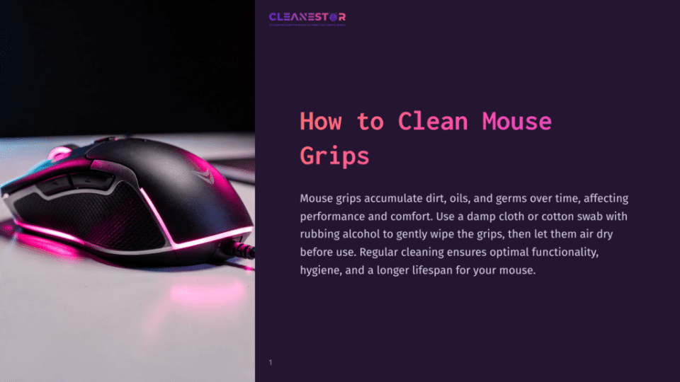 1 How To Clean Mouse Grips Close-Up Of A Black Gaming Mouse With Glowing Pink And Blue Led Lights, Resting On A White Surface. Text Overlay Reads &Quot;How To Clean Mouse Grips&Quot;.