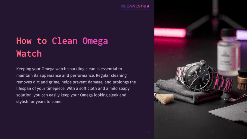 1 How To Clean Omega Watch A Close-Up Of A Silver Omega Watch On A Grey Cloth, With A Cleaning Brush And Bottle Of Cleaning Solution In The Background. The Watch Face Shows The Time, And The Brand Name &Quot;Omega&Quot; Is Visible.