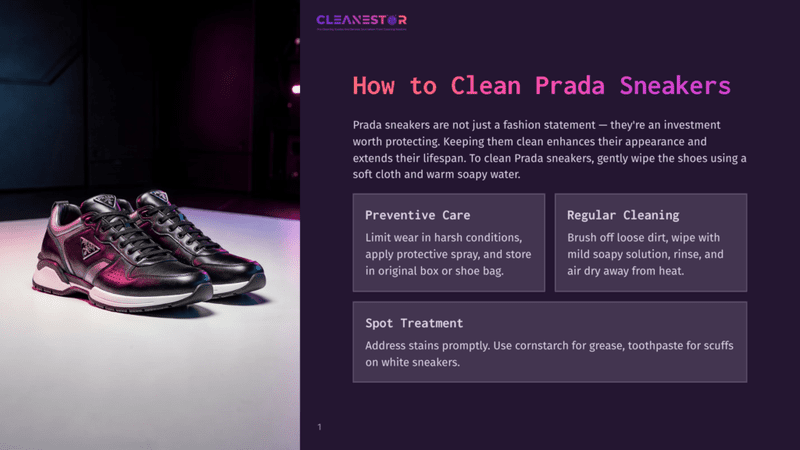 1 How To Clean Prada Sneakers A Pair Of Black Prada Sneakers Sit On A Reflective Surface, With A Dark, Moody Background. Text Overlay Reads &Quot;Cleanestor&Quot; And &Quot;How To Clean Prada Sneakers&Quot;.