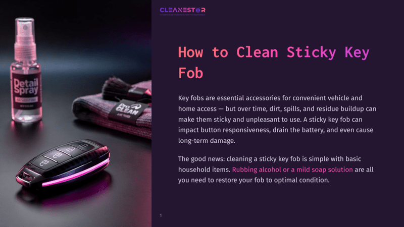 1 How To Clean Sticky Key Fob A Detail Spray Bottle, A Microfiber Cleaning Cloth, And A Modern Car Key Fob With Glowing Pink Accents Are Artfully Arranged On A Dark, Reflective Surface, Suggesting Car Cleaning And Key Fob Maintenance.
