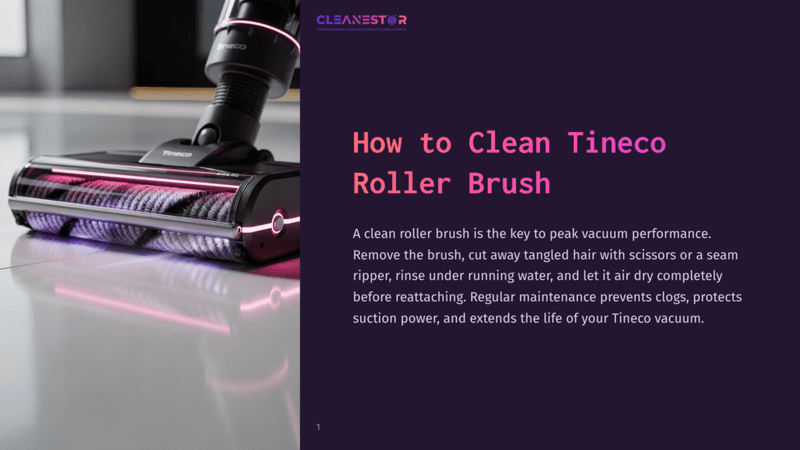 1 How To Clean Tineco Roller Brush Close-Up Of A Tineco Vacuum Cleaner Roller Brush With Pink Led Lights, Ready For Cleaning. Text On The Right Reads &Quot;How To Clean Tineco Roller Brush&Quot;.