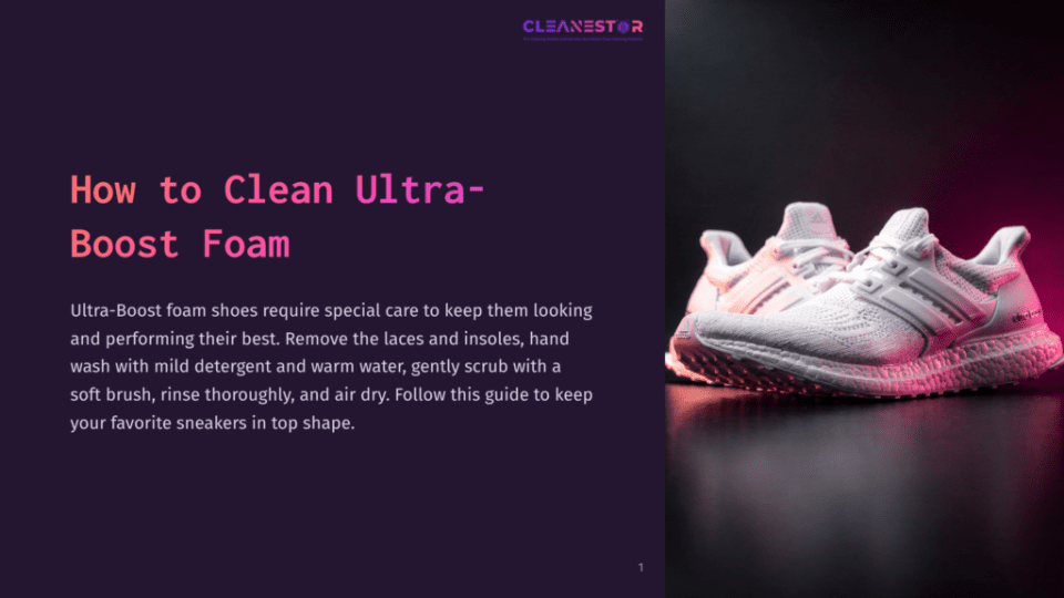 1 How To Clean Ultra Boost Foam White Adidas Ultraboost Sneakers Resting On A Dark, Moody Background With Pink And Blue Lighting. The Text &Quot;How To Clean Ultra-Boost Foam&Quot; Is Visible On The Left.