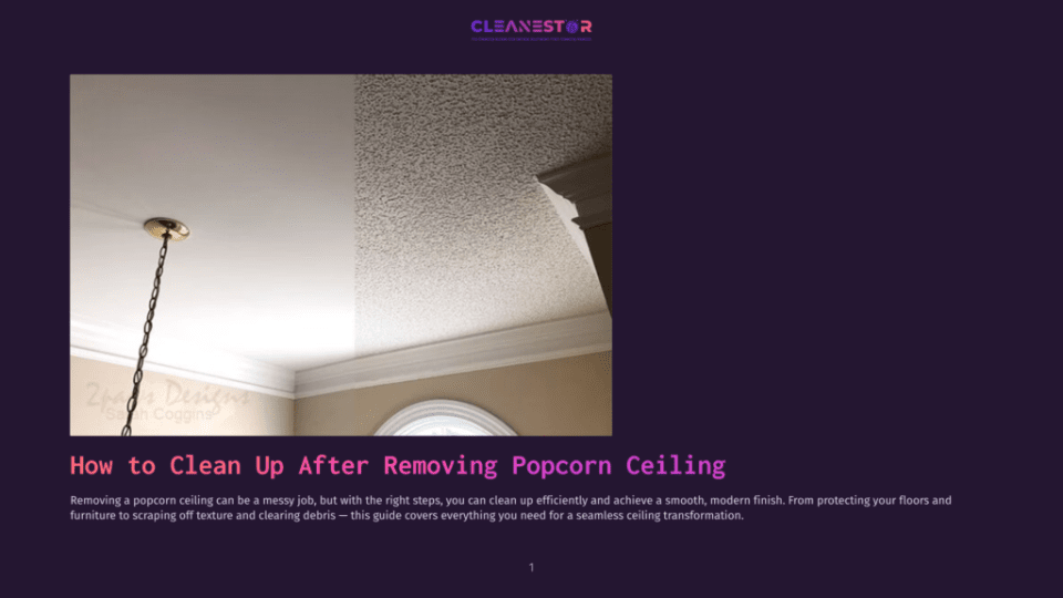 Split Image Showing A Popcorn Ceiling Being Removed, Revealing A Smooth, Modern Ceiling On The Left, With The Textured Popcorn Ceiling Still Visible On The Right. The Image Highlights The Transformation From Textured To Smooth Ceiling.