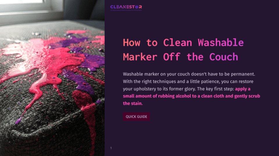 1 How To Clean Washable Marker Off The Couch Close-Up Of Washable Marker Stains In Bright Pink And Purple On A Dark Grey Textured Couch Cushion, With A Title Overlaying The Right Side Of The Image: &Quot;How To Clean Washable Marker Off The Couch&Quot;.