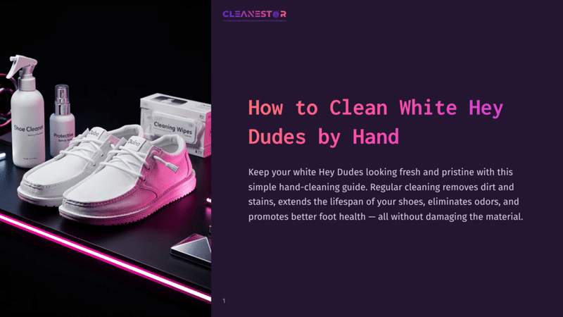 1 How To Clean White Hey Dudes By Hand White Hey Dude Shoes, A Cleaning Spray, Protection Spray, And Cleaning Wipes Are Arranged On A Black Surface With Neon Pink Lighting.