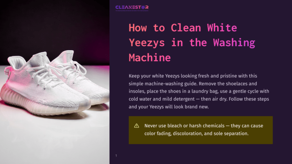 1 How To Clean White Yeezys In The Washing Machine Clean, White Yeezy Sneakers With Pink Lighting, Ready For Washing. Text Overlay Reads &Quot;How To Clean White Yeezys In The Washing Machine.