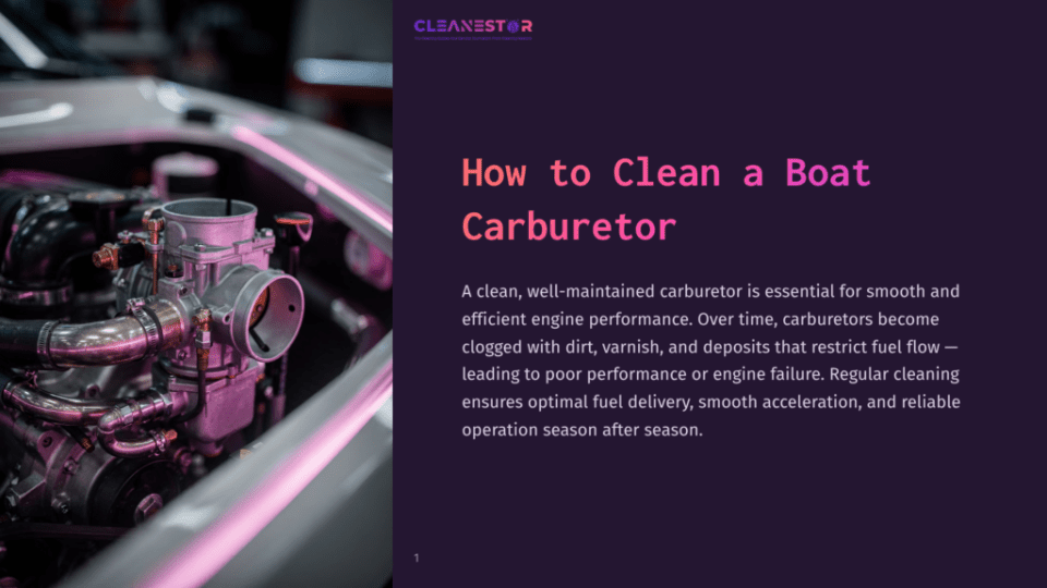 1 How To Clean A Boat Carburetor Close-Up Of A Shiny, Silver Boat Carburetor With Intricate Metal Parts And Hoses, Set Against The Blurred Background Of A Car Engine And A Dark Purple Backdrop With The Text &Quot;Cleanestor&Quot; And &Quot;How To Clean A Boat Carburetor&Quot;.