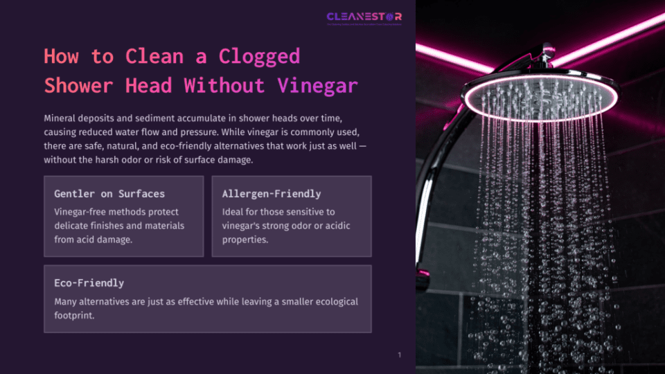 1 How To Clean A Clogged Shower Head Without Vinegar A Modern, Circular Shower Head With Bright Pink Led Lights Emits A Stream Of Water Onto A Tiled Shower Wall. Text Overlay Reads &Quot;Cleanestor&Quot; And &Quot;How To Clean A Clogged Shower Head Without Vinegar&Quot;.