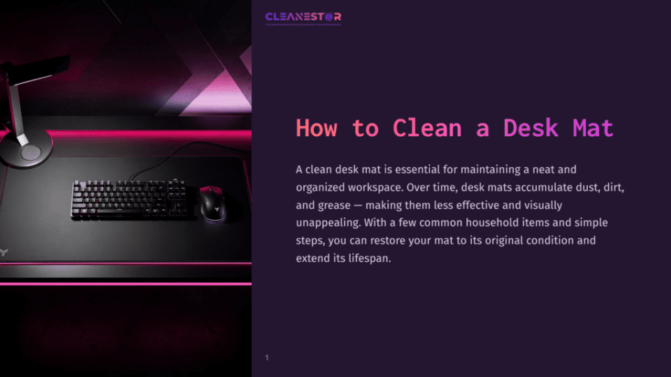 1 How To Clean A Desk Mat Close-Up Of A Black Desk Mat With A Keyboard, Mouse, And A Desk Lamp With Pink Led Lighting. The Text &Quot;Cleanestor&Quot; And &Quot;How To Clean A Desk Mat&Quot; Is Visible.
