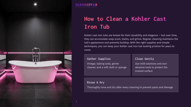 1 How To Clean A Kohler Cast Iron Tub A Kohler Cast Iron Tub With Pink Led Lighting, Set In A Modern, Dark Bathroom. The Tub Is Surrounded By Sleek Black Walls And Has A Silver Faucet With A Curved Handle. A Label Above Reads &Quot;How To Clean A Kohler Cast Iron Tub&Quot;.