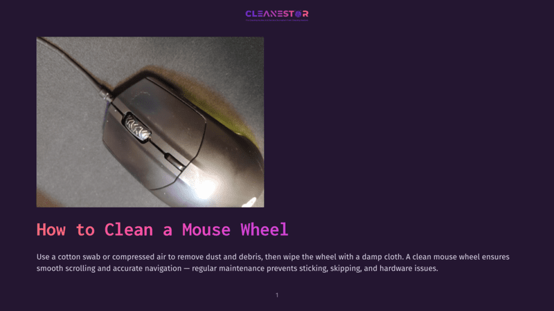 1 How To Clean A Mouse Wheel Close-Up Of A Black Computer Mouse With A Textured Scroll Wheel, Resting On A Dark Surface. Text Overlay Reads &Quot;How To Clean A Mouse Wheel&Quot;.