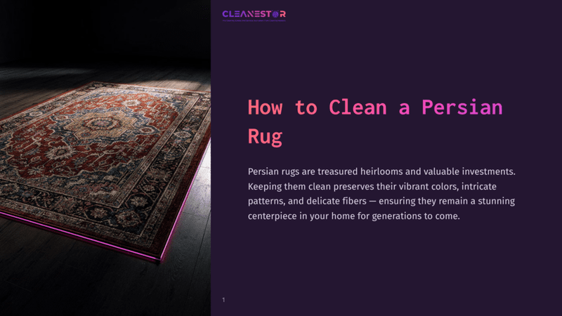 1 How To Clean A Persian Rug A Beautifully Intricate Persian Rug With Rich Red, Blue, And Gold Patterns Rests On A Dark Wooden Floor, Illuminated By Soft Lighting And A Vibrant Pink Neon Glow Around Its Edges. The Text &Quot;Cleanestor&Quot; And &Quot;How To Clean A Persian Rug&Quot; Is Visible.