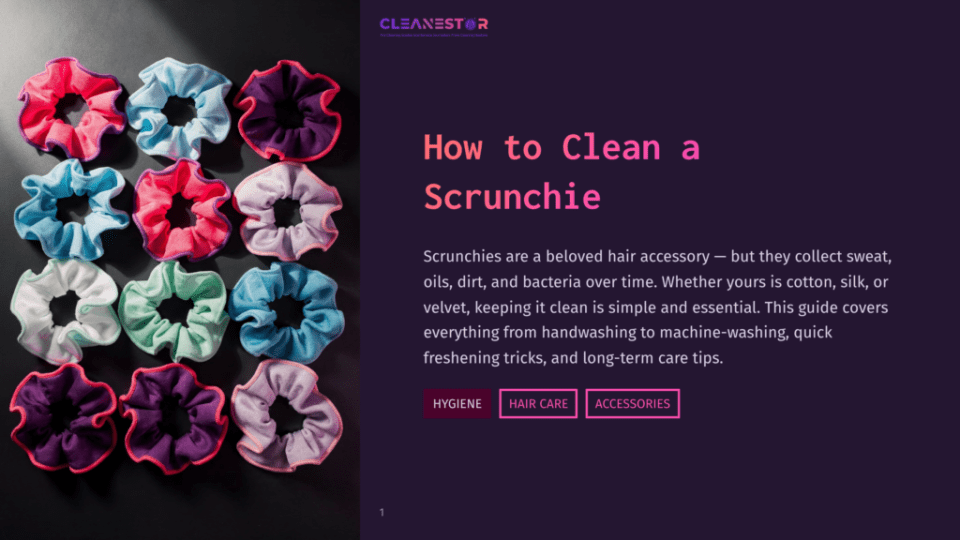 1 How To Clean A Scrunchie A Grid Of Colorful Scrunchies In Shades Of Pink, Purple, Blue, And White, Arranged On A Dark Background. The Header Text &Quot;How To Clean A Scrunchie&Quot; Is Visible.