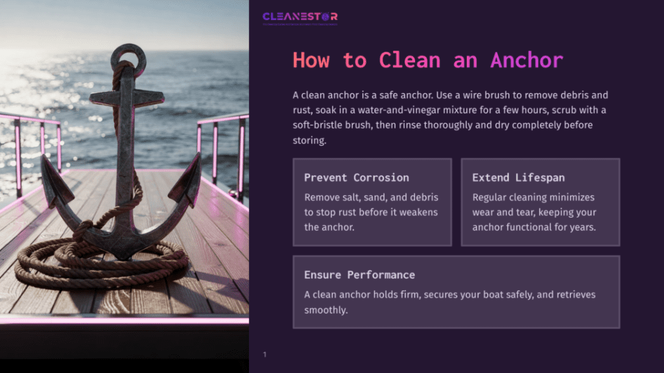 1 How To Clean An Anchor A Large, Weathered Anchor With Thick Rope Rests On A Wooden Dock, With The Ocean And Sunlight Glinting In The Background. Text On The Right Reads &Quot;How To Clean An Anchor&Quot; And Provides Cleaning Tips.
