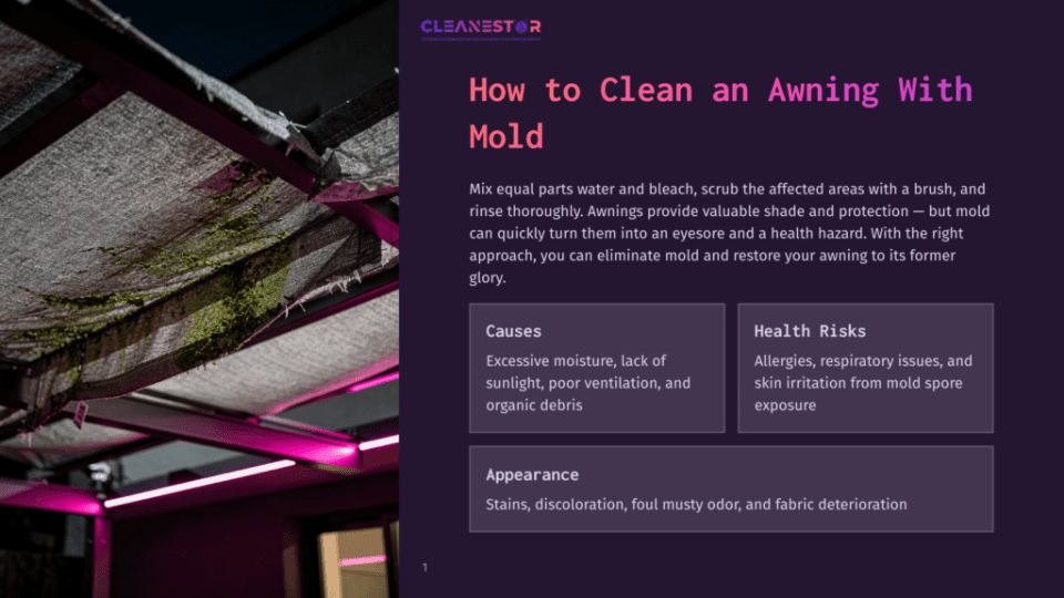 1 How To Clean An Awning With Mold Close-Up Of A Dirty, Mold-Covered Awning With Green Mold And Mildew, Illuminated By Pink Led Lights At Night.