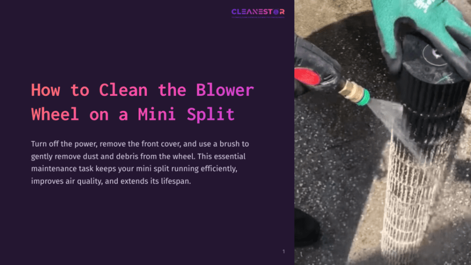 1 How To Clean The Blower Wheel On A Mini Split A Person In Green Gloves Uses A Cleaning Spray And A Brush To Clean The Dirty Blower Wheel Of A Mini Split Air Conditioner.
