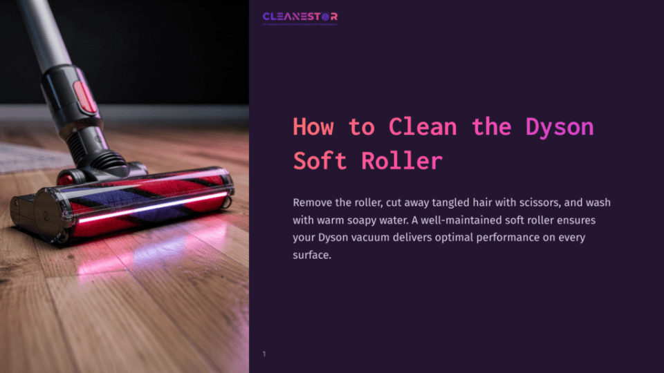 1 How To Clean The Dyson Soft Roller Close-Up Of A Dyson Vacuum Cleaner'S Soft Roller Brush Head With Red And Blue Bristles, Illuminated By Led Lights, Resting On A Wooden Floor. Text Overlay Reads &Quot;How To Clean The Dyson Soft Roller.