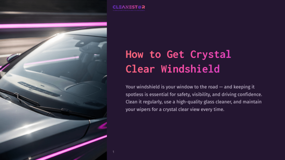 1 How To Get Crystal Clear Windshield Cleanestor Logo Above Text &Quot;How To Get Crystal Clear Windshield&Quot; On A Dark Purple Background, With A Close-Up Of A Car'S Windshield And Wipers In Motion, Illuminated By Bright Pink Neon Lights.