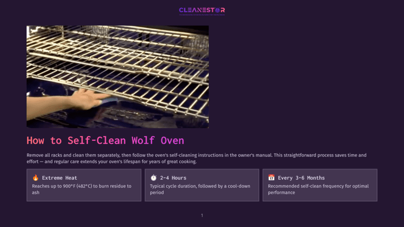1 How To Self Clean Wolf Oven A Hand Holding A Cleaning Tool Over An Oven'S Open Racks, Demonstrating How To Self-Clean A Wolf Oven. The Oven Is Dark Stainless Steel With A Metallic Finish, And The Background Is A Neutral, Muted Color.