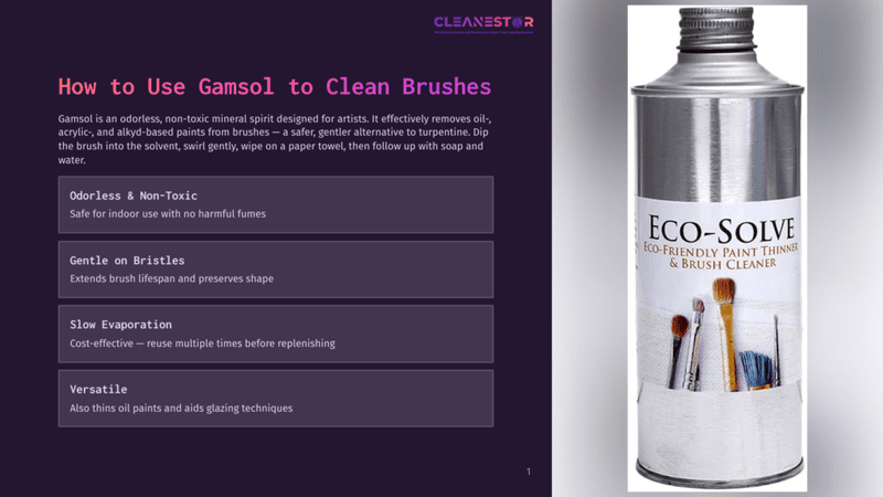 1 How To Use Gamsol To Clean Brushes A Can Of Gamsol Eco-Solve Paint Thinner And Brush Cleaner, Featuring The Product Name And Brushes, Next To Text Explaining How To Use Gamsol To Clean Brushes.