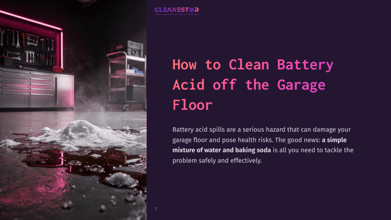 1 How To Clean Battery Acid Off The Garage Floor A Spilled White Substance Resembling Battery Acid On A Garage Floor, With A Colorful Background Of Garage Shelves And Tools.
