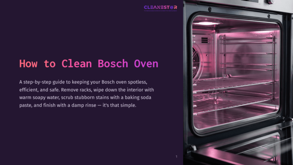 1 How To Clean Bosch Oven Close-Up Of An Open, Clean Bosch Oven Interior With Stainless Steel Racks Illuminated By Pink Light. Text Overlay Reads &Quot;How To Clean Bosch Oven.