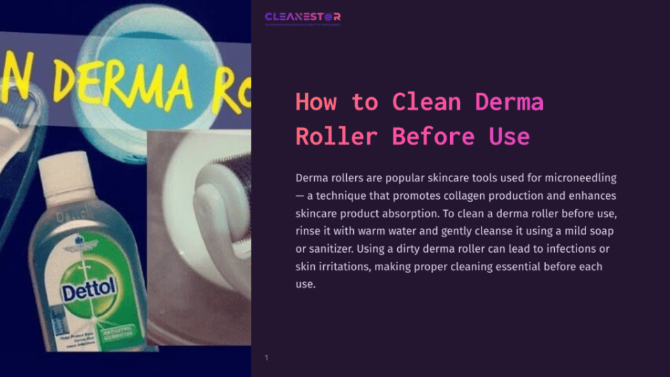 1 How To Clean Derma Roller Before Use A Close-Up Of A Derma Roller Next To A Bottle Of Disinfectant, Featuring A Blurred Background With A Bright Color Scheme.