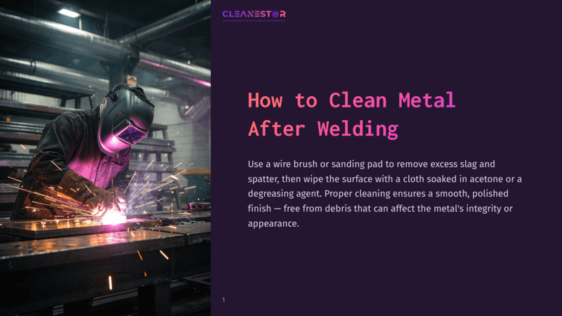 1 How To Clean Metal After Welding A Welder In A Protective Helmet And Gloves Intensely Focuses On A Metal Piece, Sparks Flying From The Welding Torch In A Dimly Lit Industrial Workshop. The Image Is Overlaid With The Title &Quot;How To Clean Metal After Welding&Quot; From Cleanestor.