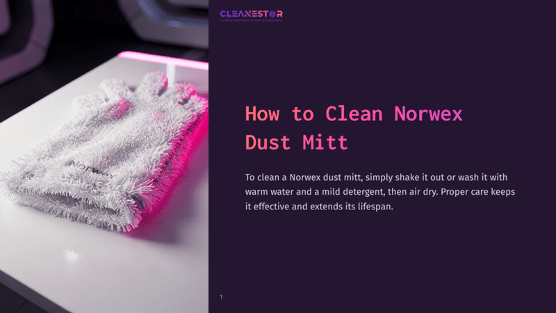 1 How To Clean Norwex Dust Mitt A Fluffy White Norwex Dust Mitt Rests On A White Surface, With A Pink Led Light Illuminating Its Fibers. The Image Includes The Text &Quot;Cleanestor&Quot; And &Quot;How To Clean Norwex Dust Mitt&Quot;.