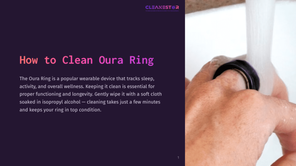 1 How To Clean Oura Ring A Close-Up Of A Hand Cleaning A Black Oura Ring Under Running Water, With Text About Care Instructions On The Left.