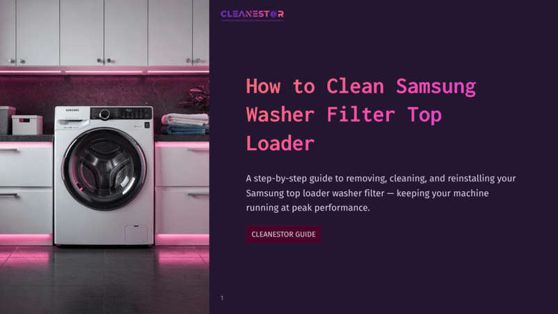 1 How To Clean Samsung Washer Filter Top Loader A Samsung Top-Loader Washing Machine In A Modern Laundry Room, Accented With Pink Lighting, Beside White Cabinets And A Countertop.