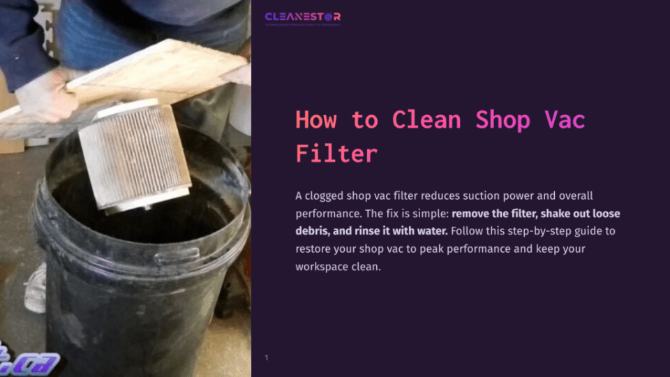 A Dirty, Used Shop Vac Filter Is Removed From A Black Bucket, Showing The Need To Clean Shop Vac Filters For Better Suction.