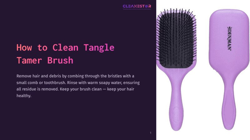 1 How To Clean Tangle Tamer Brush A Light Purple Denman Tangle Tamer Brush Shown From Two Angles: The Top With Black Bristles And The Side Profile Showing The Full Brush. Text On The Left Reads &Quot;How To Clean Tangle Tamer Brush.