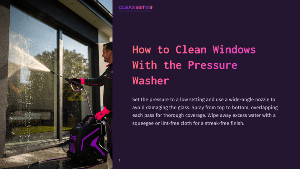 1 How To Clean Windows With The Pressure Washer Man In Pink Gloves Pressure Washing A Large Glass Window With A Purple And Black Pressure Washer, With The Cleanestor Logo And &Quot;How To Clean Windows With The Pressure Washer&Quot; Text Visible.