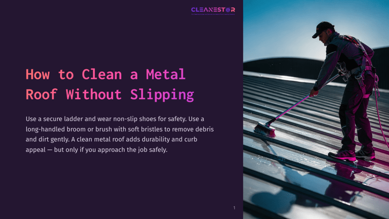 1 How To Clean A Metal Roof Without Slipping A Person In Work Attire Cleans A Metal Roof Using A Brush, Standing On A Ladder, With A Bright Sky In The Background.