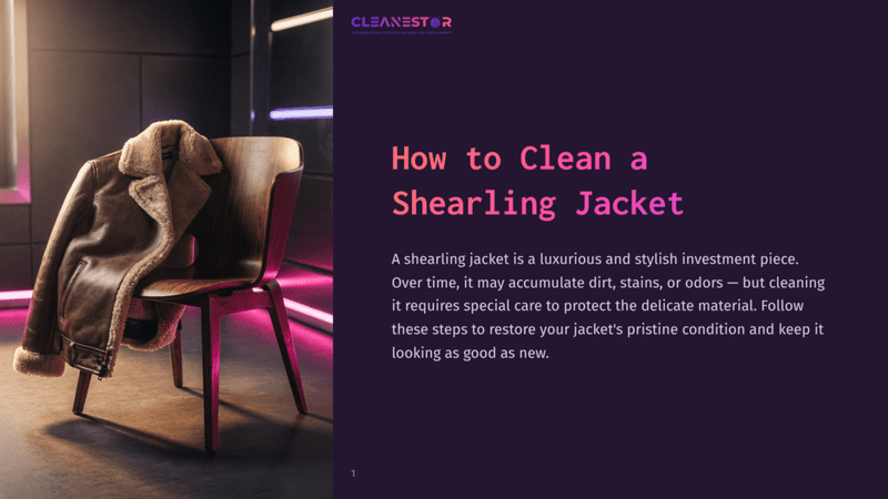 1 How To Clean A Shearling Jacket A Luxurious Brown Shearling Jacket Hangs On A Modern Wooden Chair, Illuminated By Vibrant Pink And Purple Neon Lights. The Text &Quot;Cleanestor&Quot; And &Quot;How To Clean A Shearling Jacket&Quot; Is Visible.