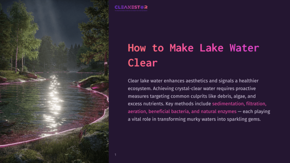 1 How To Make Lake Water Clear A Serene Lake At Sunset, With Trees And A Rocky Shore Reflecting In The Clear, Sparkling Water. Pink Glowing Lines Trace The Edge Of The Water, And The Text &Quot;Cleanestor&Quot; And &Quot;How To Make Lake Water Clear&Quot; Are Visible.