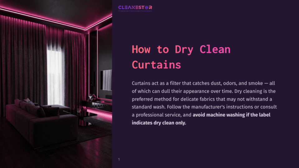 1 How To Dry Clean Curtains A Modern Living Room With Dark Curtains, Soft Lighting, Purple Accents, And A Minimalist Setup, Emphasizing A Cozy Atmosphere.