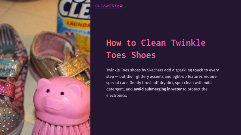 1 How To Clean Twinkle Toes Shoes A Pair Of Glitzy Twinkle Toes Shoes, A Pink Pig-Shaped Toy, And Laundry Detergent, Set Against A Colorful Background.
