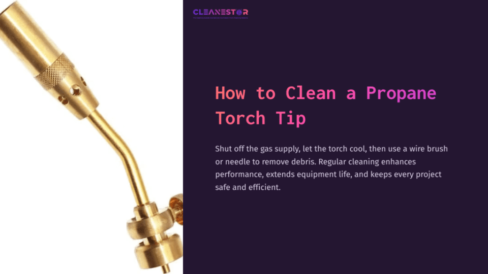1 How To Clean A Propane Torch Tip Close-Up Of A Brass Propane Torch Tip With A Shiny Finish, Featuring A Curved Nozzle And Connection Valve Against A Purple Background.