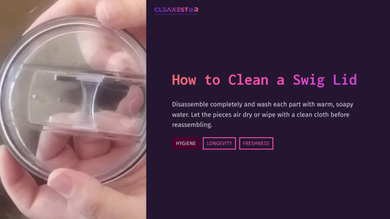 1 How To Clean A Swig Lid A Person Holding A Clear Swig Lid, Showing Its Interior Components, Alongside Cleaning Instructions In Bold Text.