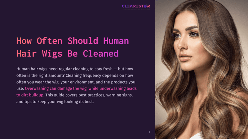 1 How Often Should Human Hair Wigs Be Cleaned Close-Up Of A Beautiful Woman With Long, Wavy Blonde Hair And Natural Makeup, Looking To The Side. The Text &Quot;How Often Should Human Hair Wigs Be Cleaned&Quot; Is Visible On The Left.