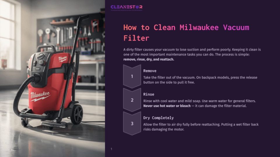 1 How To Clean Milwaukee Vacuum Filter Red Milwaukee Vacuum Cleaner With A Black Hose And Accessories In A Workshop Setting. Text Overlay Reads: &Quot;How To Clean Milwaukee Vacuum Filter.