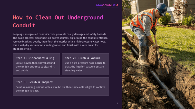 1 How To Clean Out Underground Conduit A Worker In A Hard Hat And Safety Vest Digs A Trench To Access Underground Conduit, With A Shovel And A High-Pressure Water Hose Visible. The Text &Quot;How To Clean Out Underground Conduit&Quot; Is Overlaid On The Left.