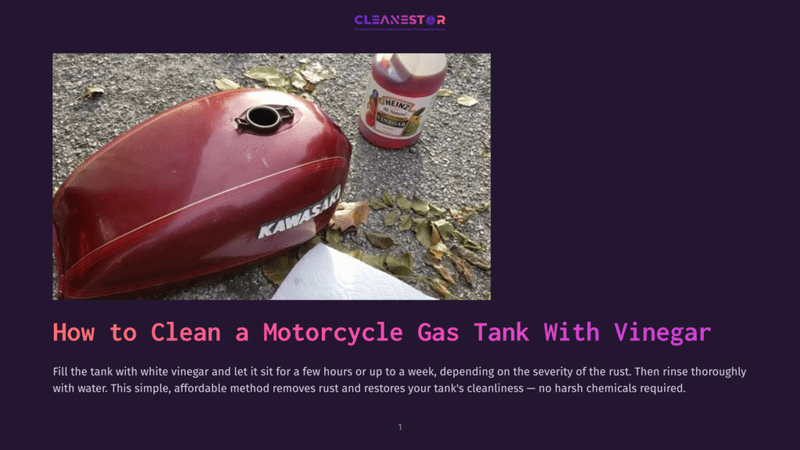 1 How To Clean A Motorcycle Gas Tank With Vinegar A Vintage Red Kawasaki Motorcycle Gas Tank Sits On The Ground Next To A Bottle Of Heinz White Vinegar And A Roll Of Paper Towels, Ready For Cleaning.