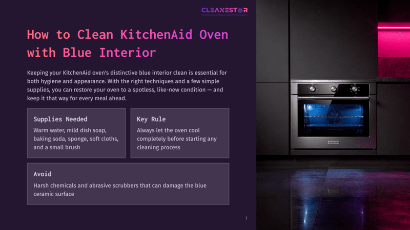 1 How To Clean Kitchenaid Oven With Blue Interior A Sleek Kitchenaid Oven With A Blue Interior Stands Against A Dark Background, Illuminated By A Soft Purple Light, With A Text Overlay Showing Cleaning Tips.