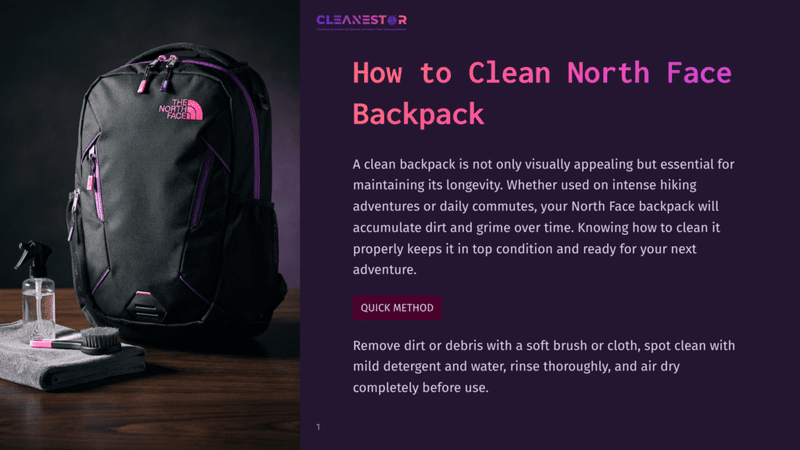 1 How To Clean North Face Backpack A Black And Purple North Face Backpack Sits On A Dark Wooden Surface Next To A Cleaning Spray Bottle, A Brush, And A Gray Towel. Text Overlay Reads &Quot;How To Clean North Face Backpack.