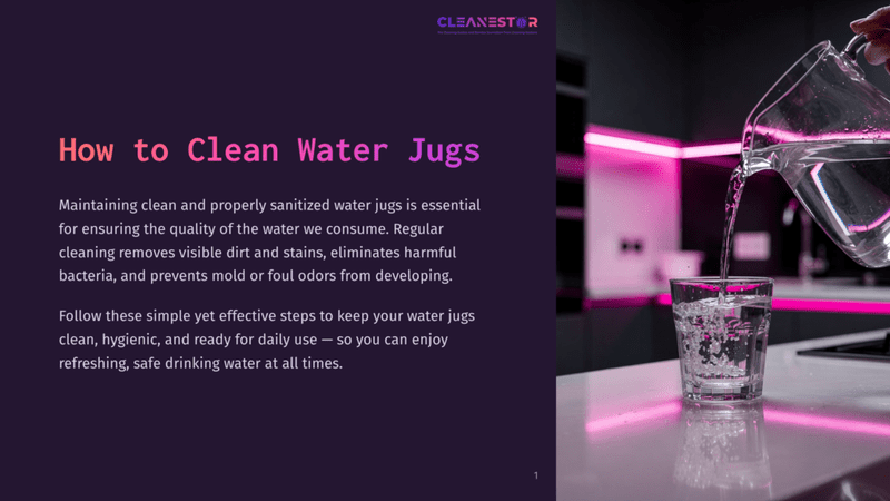 1 How To Clean Water Jugs A Hand Pours Clear Water From A Glass Pitcher Into A Glass On A Modern Kitchen Counter With Pink Accent Lighting. The Text &Quot;Cleanestor&Quot; Is Visible.